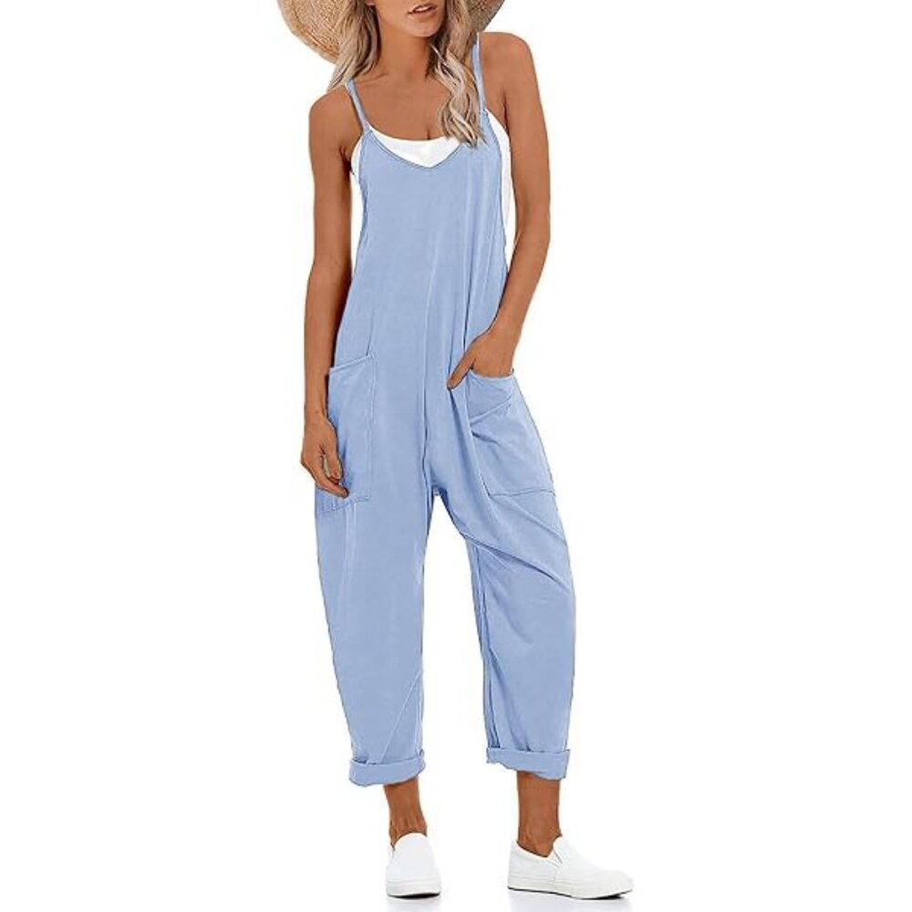 Light Blue Casual Sleeveless Jumpsuit with Pockets
